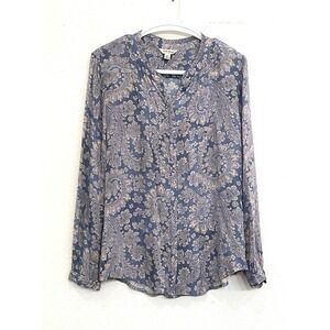 Lucky Brand Top Women's Medium Blue Paisley Sheer Boho Print‎ Peasant Shirt